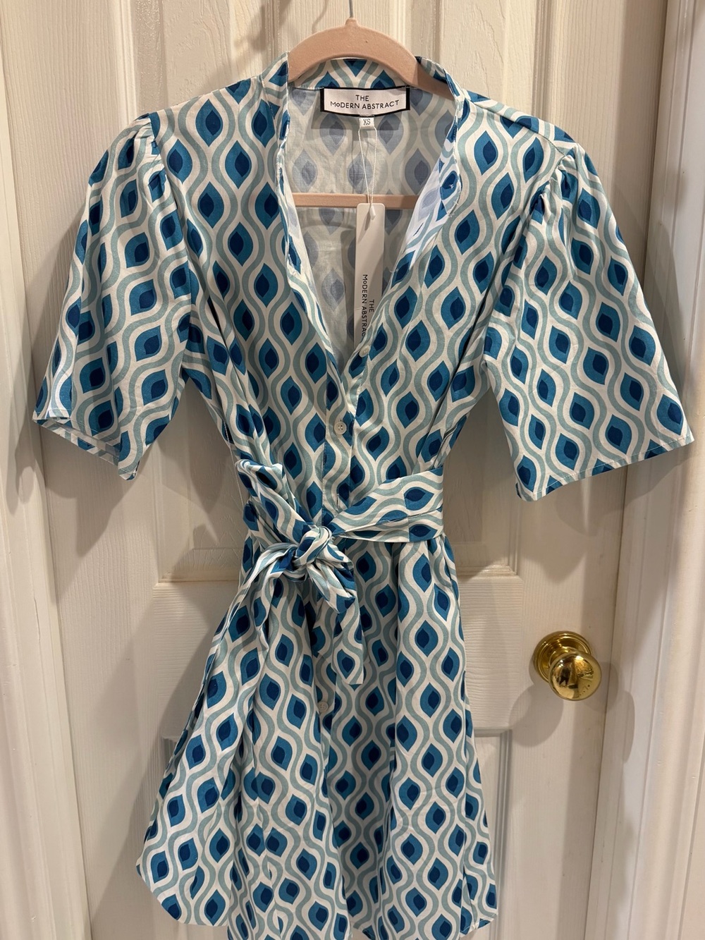 The Modern Abstract Blue Geometric Tie-Waist Dress